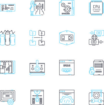 Information systems linear icons set. Database, Analytics, Automation, Integration, Security, Nerking, Optimization line vector and concept signs. Development,Business,Analytics outline illustrations