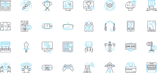 Amusement linear icons set. Thrill, Fun, Happiness, Adventure, Excitement, Laughter, Enjoyment line vector and concept signs. Entertainment,Joy,Playfulness outline illustrations
