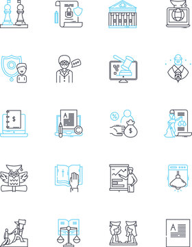 Judical powers linear icons set. Justice, Court, Jury, Verdict, Judgement, Injunction, Appeal line vector and concept signs. Litigation,Prosecution,Defence outline illustrations