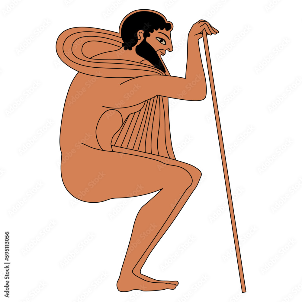 Wall mural seated ancient greek man with a stick. ethnic vase painting style. isolated vector illustration.