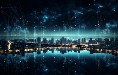 Cityscape and network connection concept on dark background.