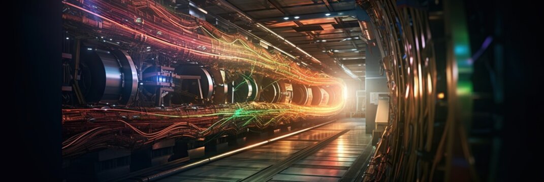 An evocative image of a particle accelerator, with colorful beams of light and intricate machinery visible in the background, concept of Scientific Exploration, created with Generative AI technology