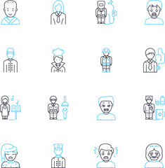 Personal outlook linear icons set. Optimism, Pessimism, Hope, Despair, Resilience, Confidence, Doubt line vector and concept signs. Faith,Skepticism,Open-mindedness outline illustrations - obrazy, fototapety, plakaty