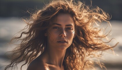 Beautiful woman with fluttering hair on the beach. Generative AI