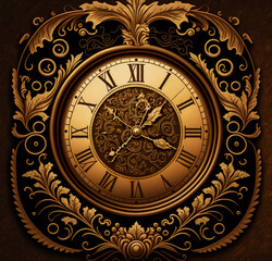 Fototapeta na wymiar The illustration shows an antique clock made of dark, polished wood, surrounded by warm tones like brown and gold. It suggests a nostalgic and timeless atmosphere. Generative AI