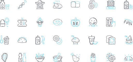 Boulangerie linear icons set. Croissant, Baguette, Patisserie, Tartelette, Pain, Chocolatine, ?clair line vector and concept signs. Cousant,Macaron,Galette outline illustrations
