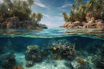 Above the water is a beautiful tropical island with large palm trees, under the water is a hyperdetailed tidepool and coral reef,gnerative ai.