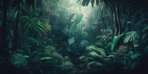 Fototapeta na wymiar jungle forest nature wallpaper banner background.generative ai.