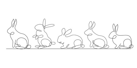 Bunny continuous line set. Hand drawn cute illustration on background.