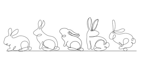 Bunny continuous line set. Hand drawn cute illustration on background.