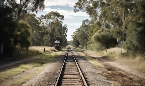  a train track running through a rural area with trees on both sides.  generative ai