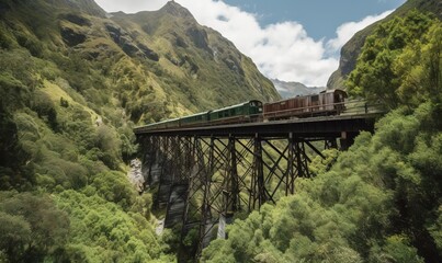  a train traveling over a bridge over a river surrounded by mountains.  generative ai