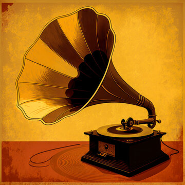 Illustration of an antique phonograph with a warm background, representing a nostalgic and technological atmosphere. The warm colors give the image a welcoming atmosphere. Generative AI