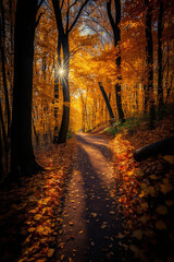 Obraz premium Autumn forest path with vibrant colorful leaves. Generative AI illustration