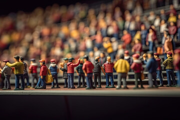 Obraz premium Miniature toy people spectators enjoying after win at stadium., created with Generative AI.