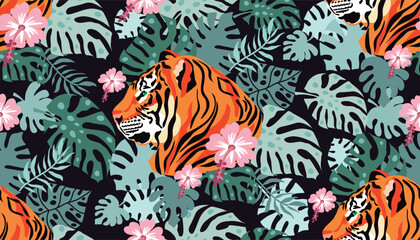 Tiger  and tropical plants, flowers,  leaves. Beautiful  seamless pattern  iin cartoon realistic style Modern fashion print  background animal skin for textile, fabric, wallpaper  Vector  art  illustr