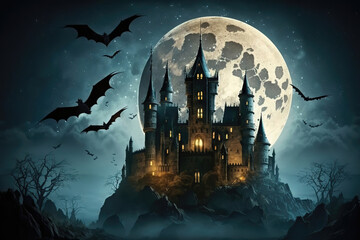 Haunted castle at night with full moon, illustration generative AI