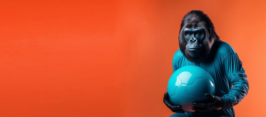 Studio shot of gorilla in dress holding ball, stylized as sports model, against orange copy space background. generative ai