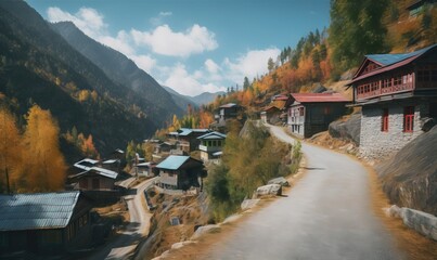  a small village in the mountains with a road going through it.  generative ai