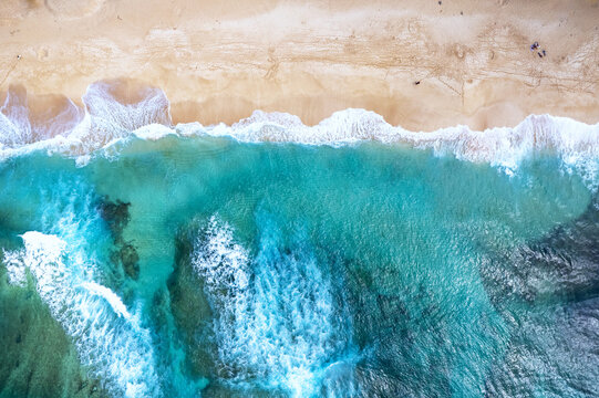 Aerial view of the north shore of Oahu, Hawaii, overlooking Ehukai Beach known for its large winter waves