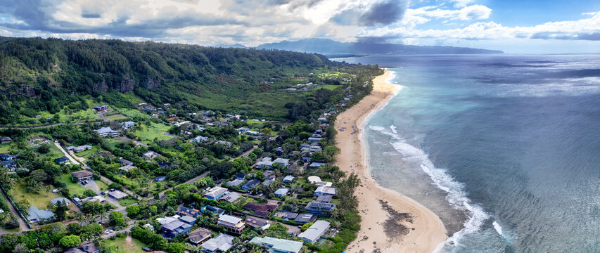 Aerial view of the north shore of Oahu, Hawaii, overlooking Ehukai Beach known for its large winter waves