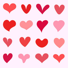 Set of heart illustrations, love symbol icons set. Red hearts. Hand drawn.Vector illustration