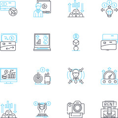 Fiscal earnings linear icons set. Profit, Revenue, Gross, Net, Income, Assets, Liabilities line vector and concept signs. Dividend,Interest,Pension outline illustrations