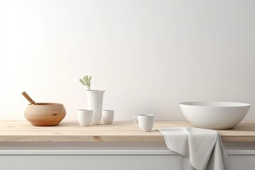 Fototapeta na wymiar table setting with white bowls and cups. Generative AI