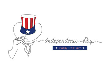 Happy 4th of July, Independence Day, greeting card drawn in one line. Silhouette uncle Sam with hat, symbol holiday, text. Sketch. Hand drawn vector illustration.