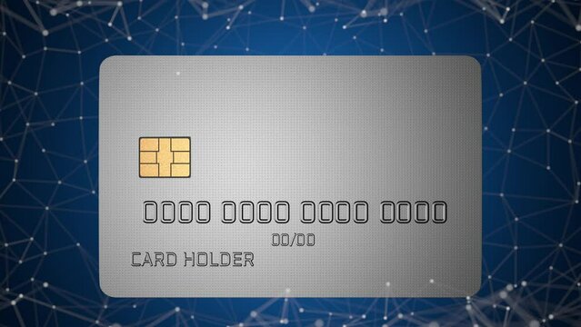 Bank card appears in the frame with rotation. Animation of the camera moving backwards over a bank card.
