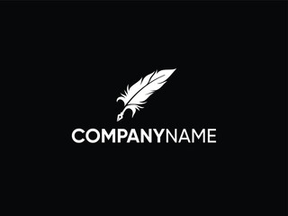 feather pen, feather writing logo silhouette with square line vector design template