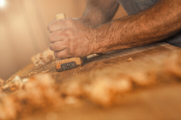 Carpenter Produces golden curls of sawdust