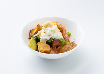 salad with potatoes and cheese on a white background