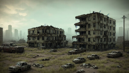 Naklejka na ściany i meble Destroyed abandoned buildings in the city. Post-apocalyptic landscape. Generative AI