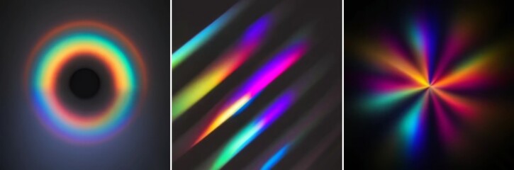 Prism rays, spectrum aura, holographic gleaming stipes on black background. AI graphic set.