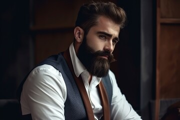 Fototapeta premium Close-up of serious and brutal man with beard on dark background, generative AI