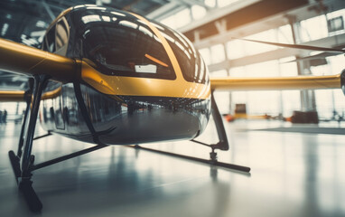 Close-up of an electric eVTOL aircraft inside a hangar. Flying car production facility. 