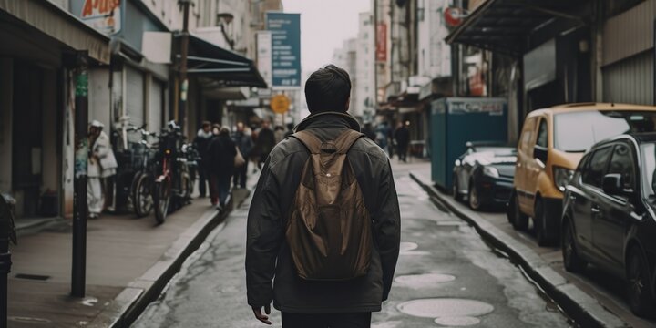 Rear View Of A Person Walking Backwards On A Busy Street, Concept Of Retreating Motion, Created With Generative AI Technology