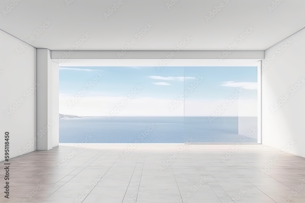 Poster an empty room with a panoramic view of the ocean. generative ai