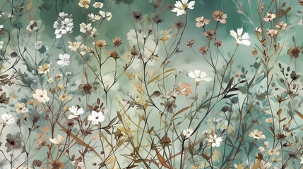 Floral dry flower seamless wallpaper with green background.  Background for scrapbooking, crafts or art projects. 