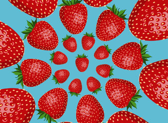 Strawberry pattern, whole red fruit. Fresh organic tropical fruit background. Vegetarian design full of vitamins, creative summer refreshing concept