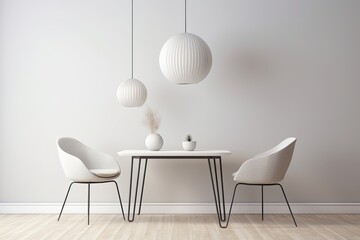 simple dining setup with a table, two chairs, and a vase. Generative AI