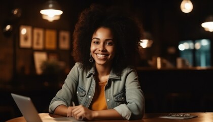 Happy Afro woman with laptop sitting at table. Generative AI