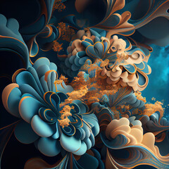 vivid blue Fantasy flowers. fractals  flowers. AI generated