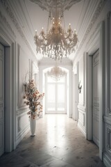 Beautiful Elegant Maternity Background or Wedding Photo Backdrop Set with Rose Bouquet Decorations and Glass Chandelier Deep Wide Hallway White Mansion Interior