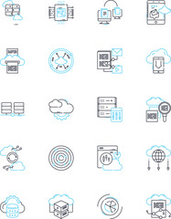 Artificial service linear icons set. Automation, Digitalization, Intelligence, Robotics, Machine-learning, Virtuality, Augmentation line vector and concept signs. Simulation,Optimization,Cybernetics