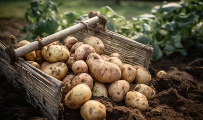  a pile of potatoes sitting in the dirt next to a garden rake.  generative ai