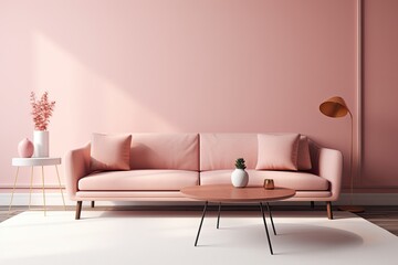 cozy living room with soft pink walls and a matching pink couch. Generative AI