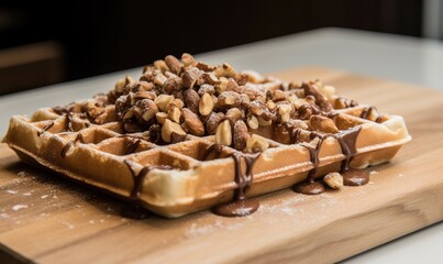  a waffle topped with nuts on a wooden cutting board.  generative ai