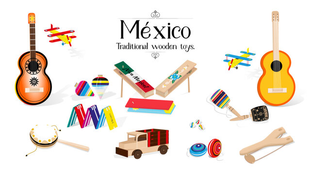 Traditional Mexican wooden toys. Vector illustration of typical Mexican handmade toys, balero, trompo, yoyo, matraca, tambor, canicas, camion, resortera y guitarras. Mexican iconic wooden toys.